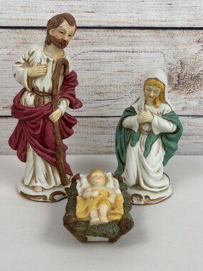 Vintage OCI 3 Piece Nativity Set Mary, Joseph Baby Jesus Painted Ceramic
